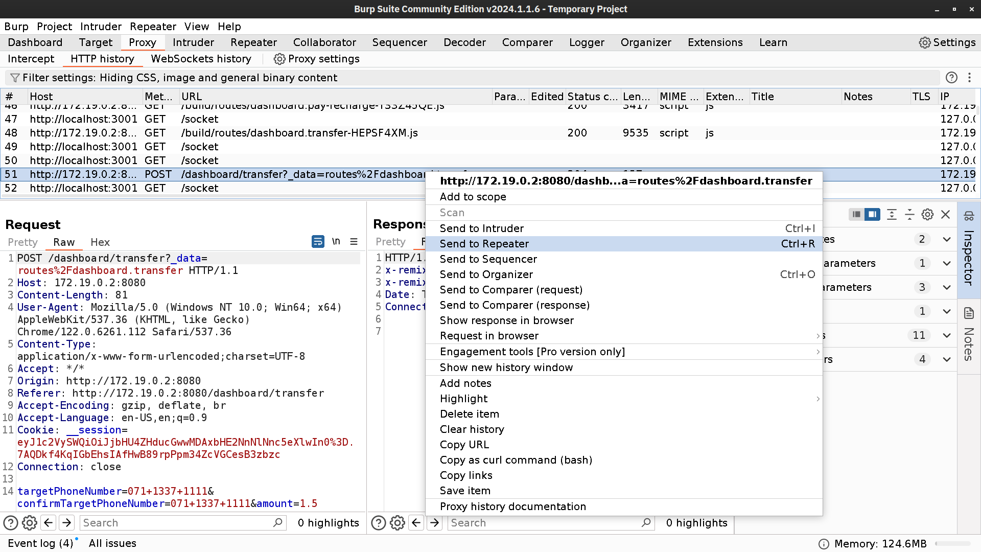 Burp Suite Proxy HTTP history showing an HTTP POST request being sent to Repeater.