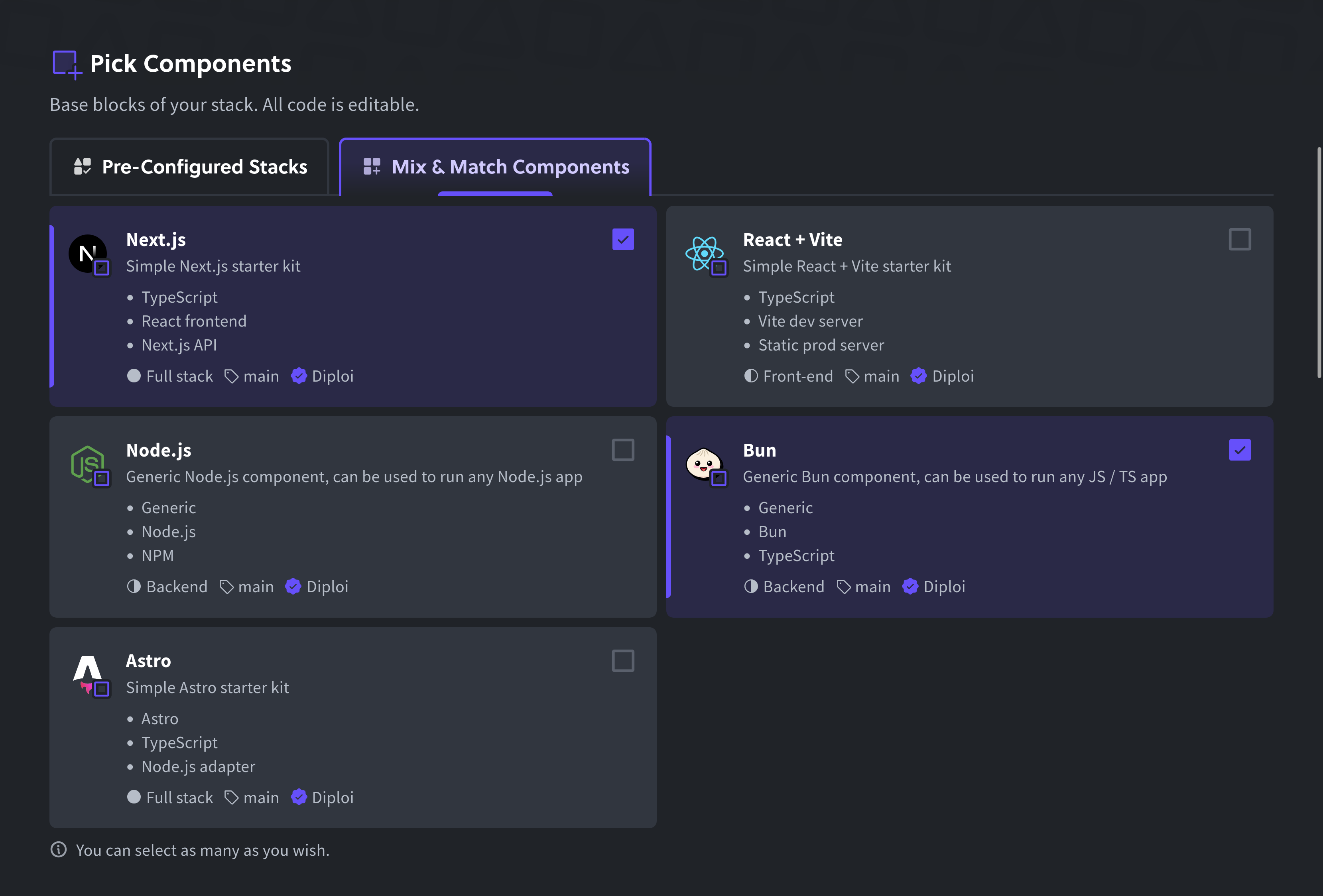 a selection of components with checkboxes, some are checked