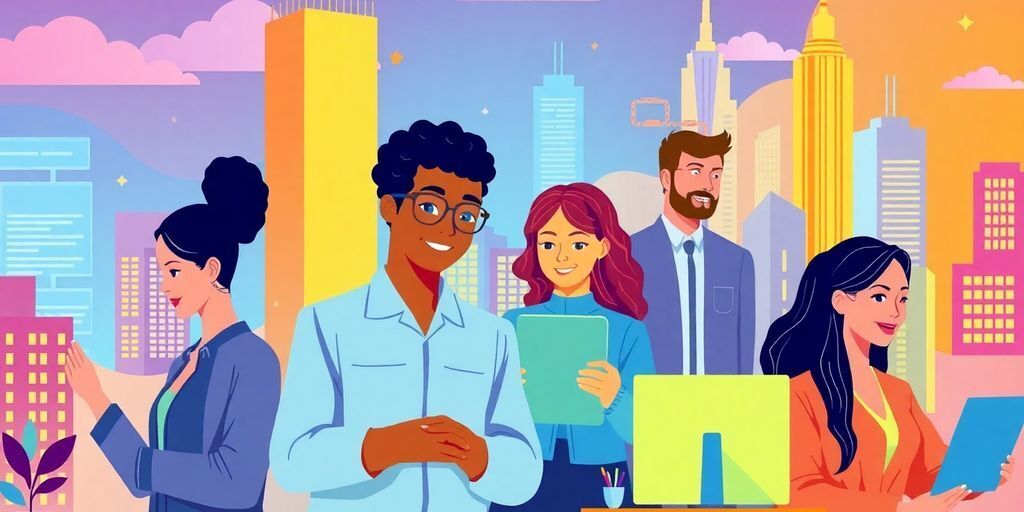 Diverse IT professionals collaborating in a vibrant cityscape.