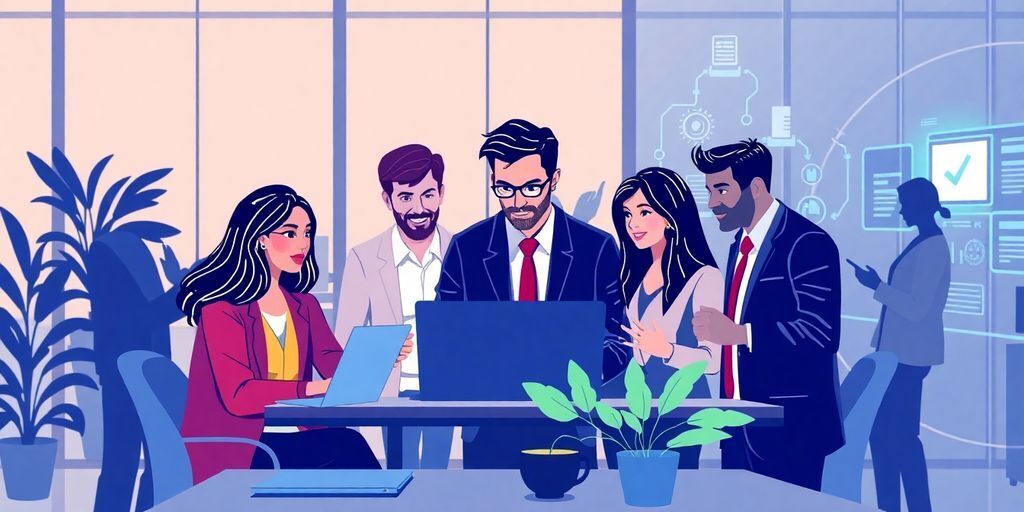 Diverse professionals in a tech office collaborating on projects.