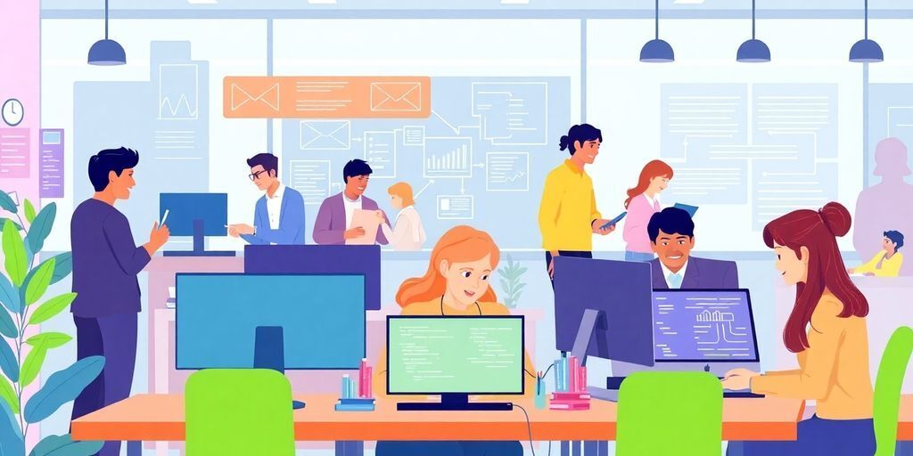 Diverse IT professionals collaborating in a modern office.