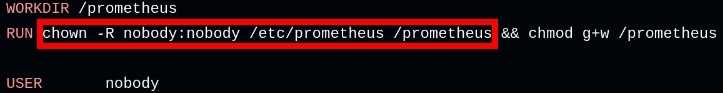 Dockerfile content showing that the user inside the container is called nobody