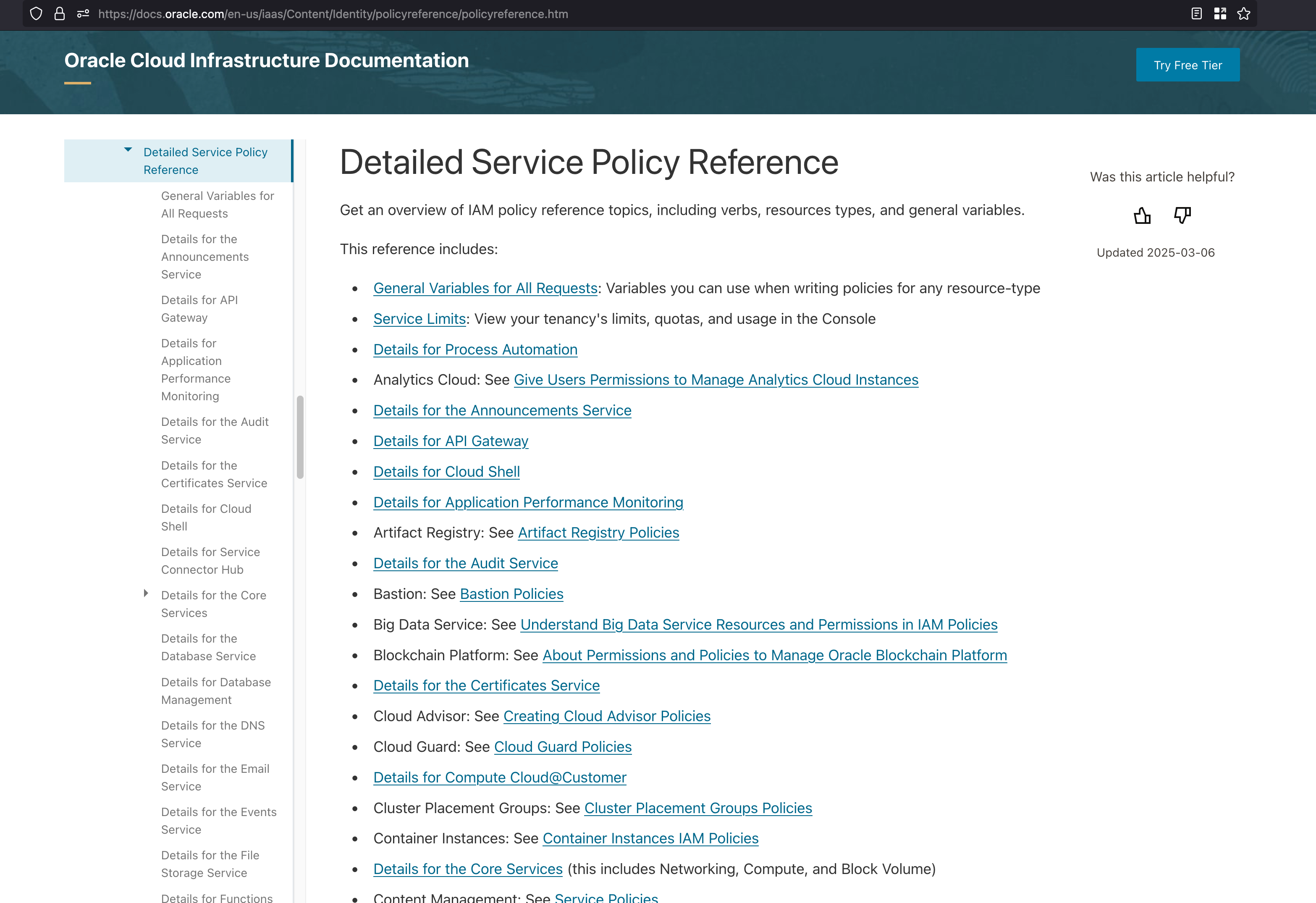 List of OCI policies