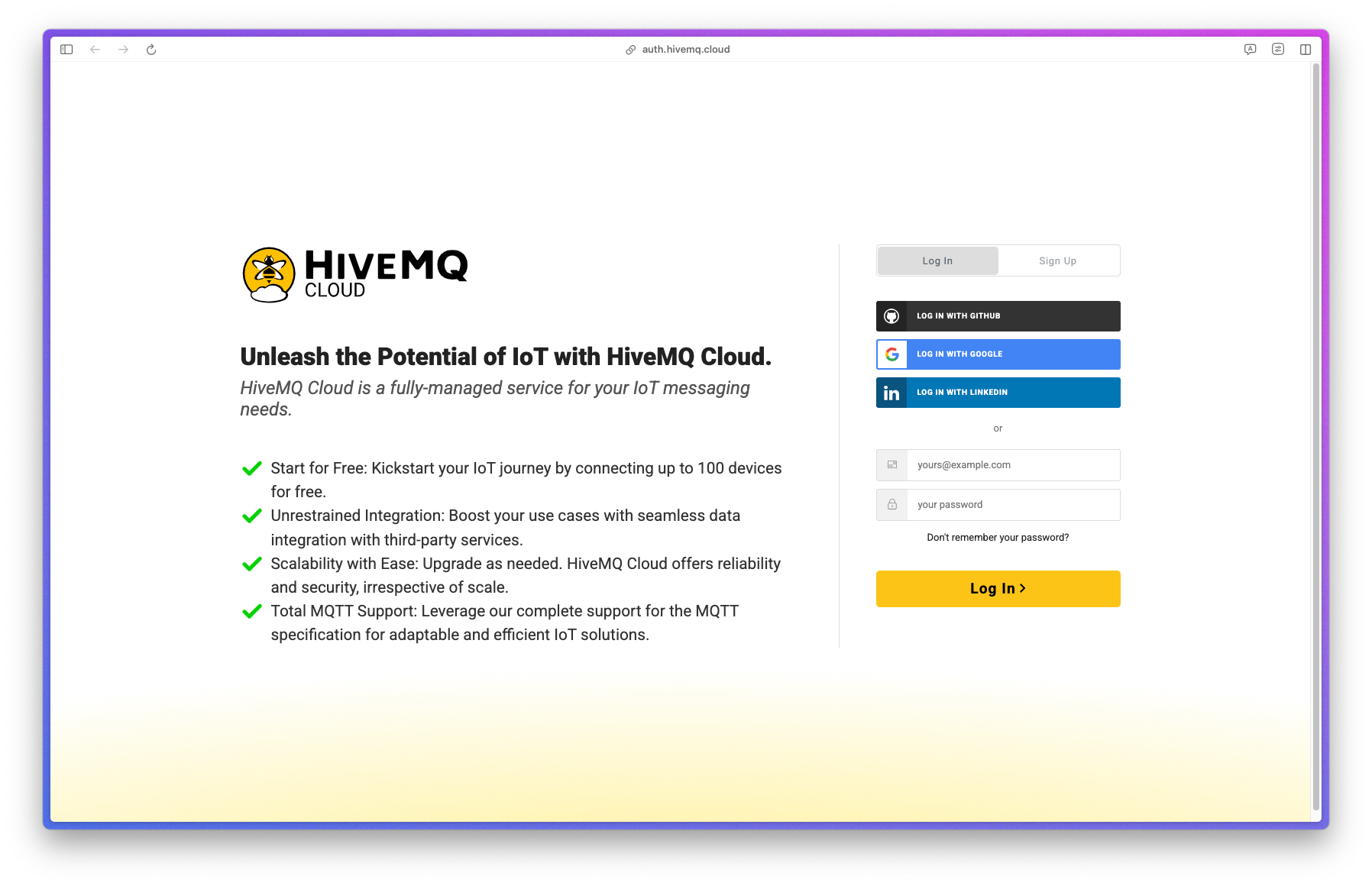 HiveMQ Cloud — Tela de Login