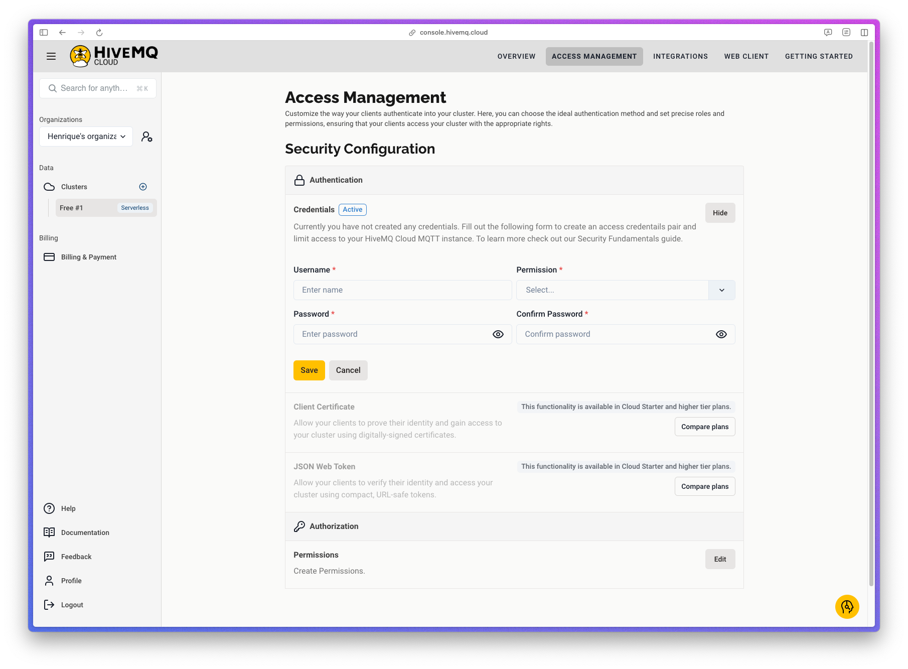 HiveMQ Cloud — Tela de configuração de credenciais para autenticação no Broker