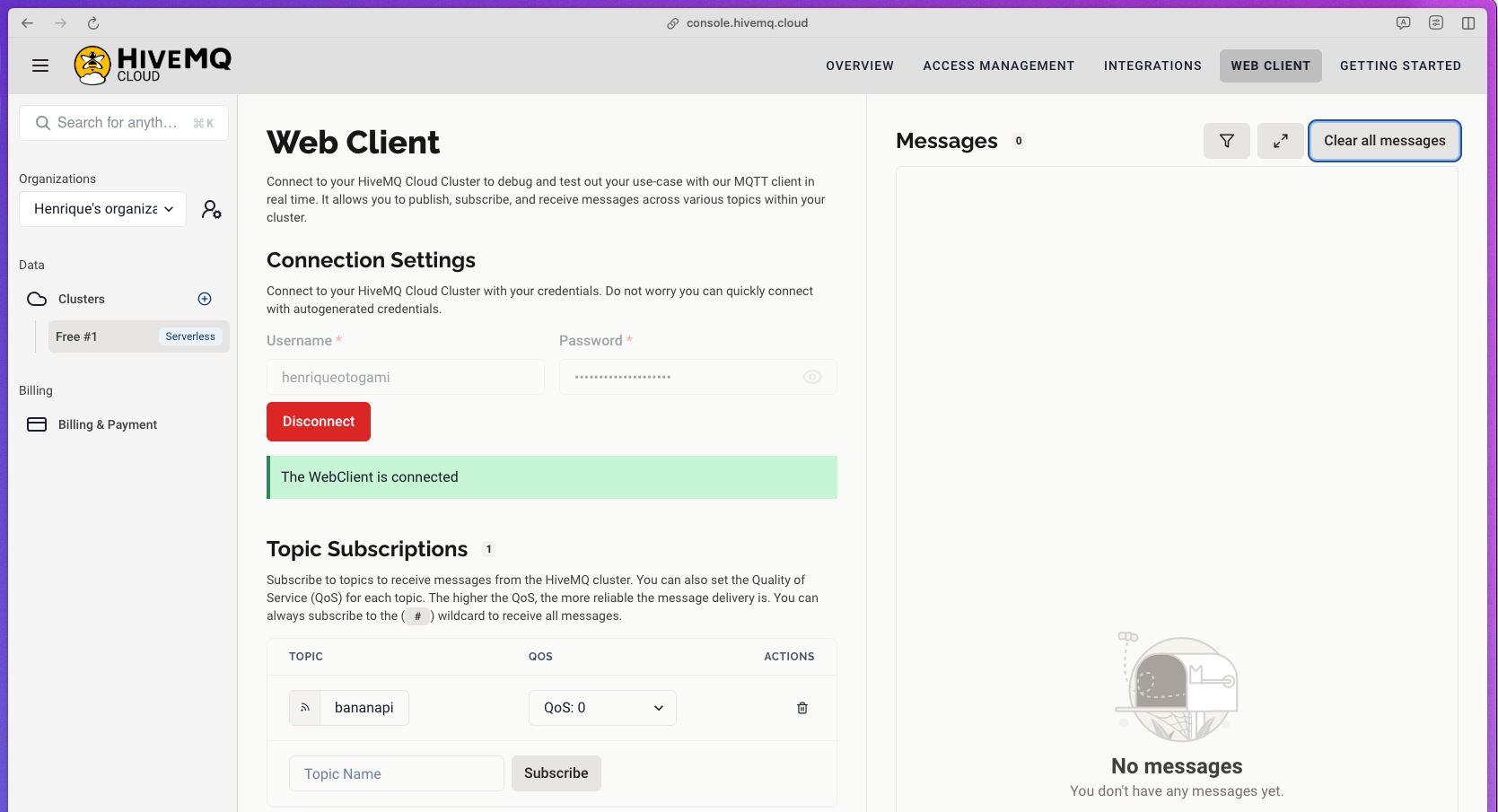 HiveMQ Cloud — Tela do Web Client para assinatura de tópicos de mensagens