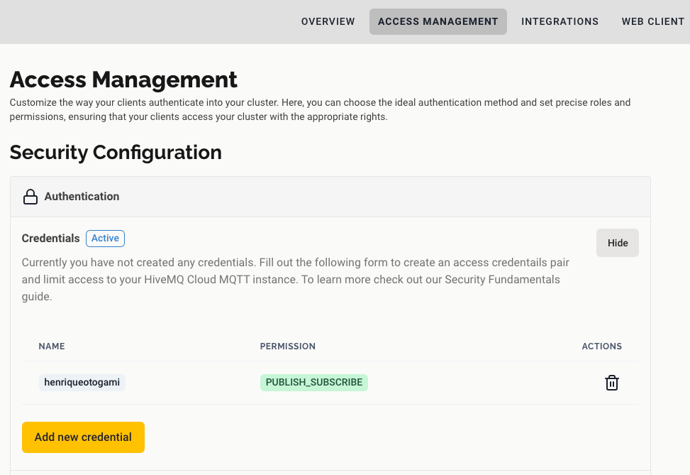 HiveMQ Cloud — Tela de configurações dos acessos para obter ou cadastrar novas credenciais