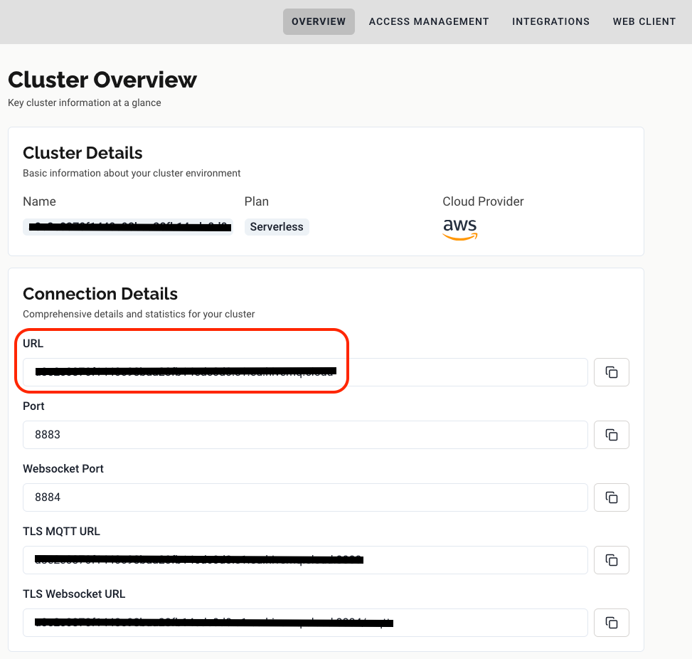 HiveMQ Cloud — Tela principal do Cluster para obter a URL do Broker
