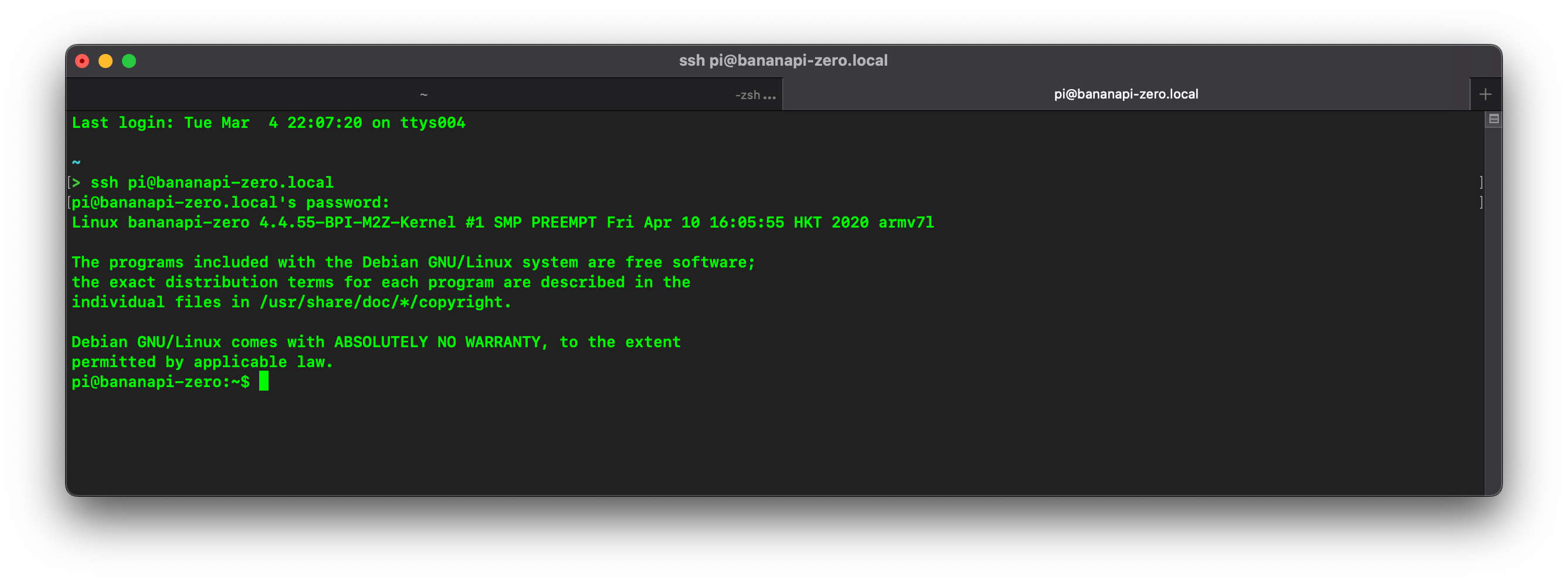 Imagem do Terminal após realizar a autenticação via SSH na BananaPi