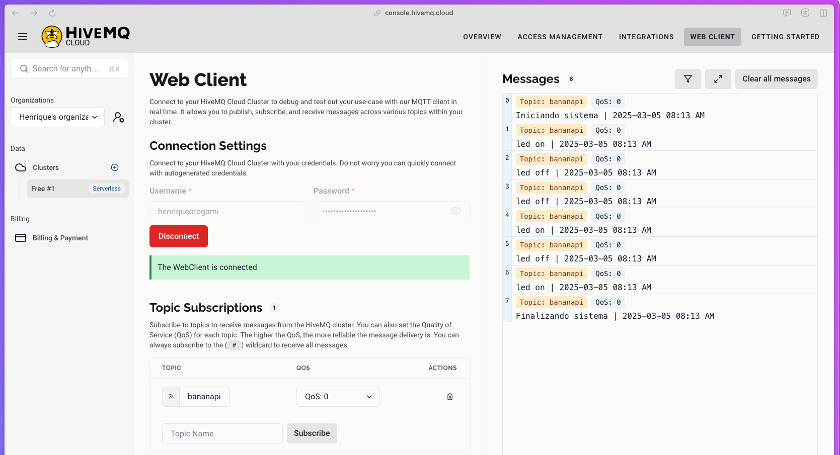 HiveMQ Cloud — Exemplo de notificação de mudanças de estado lógico do LED da BananaPi no Broker