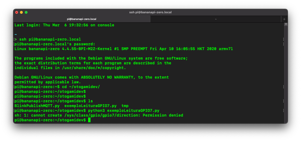 Execução do código exemploLeituraGPIO7.py no terminal com a falha de permissão