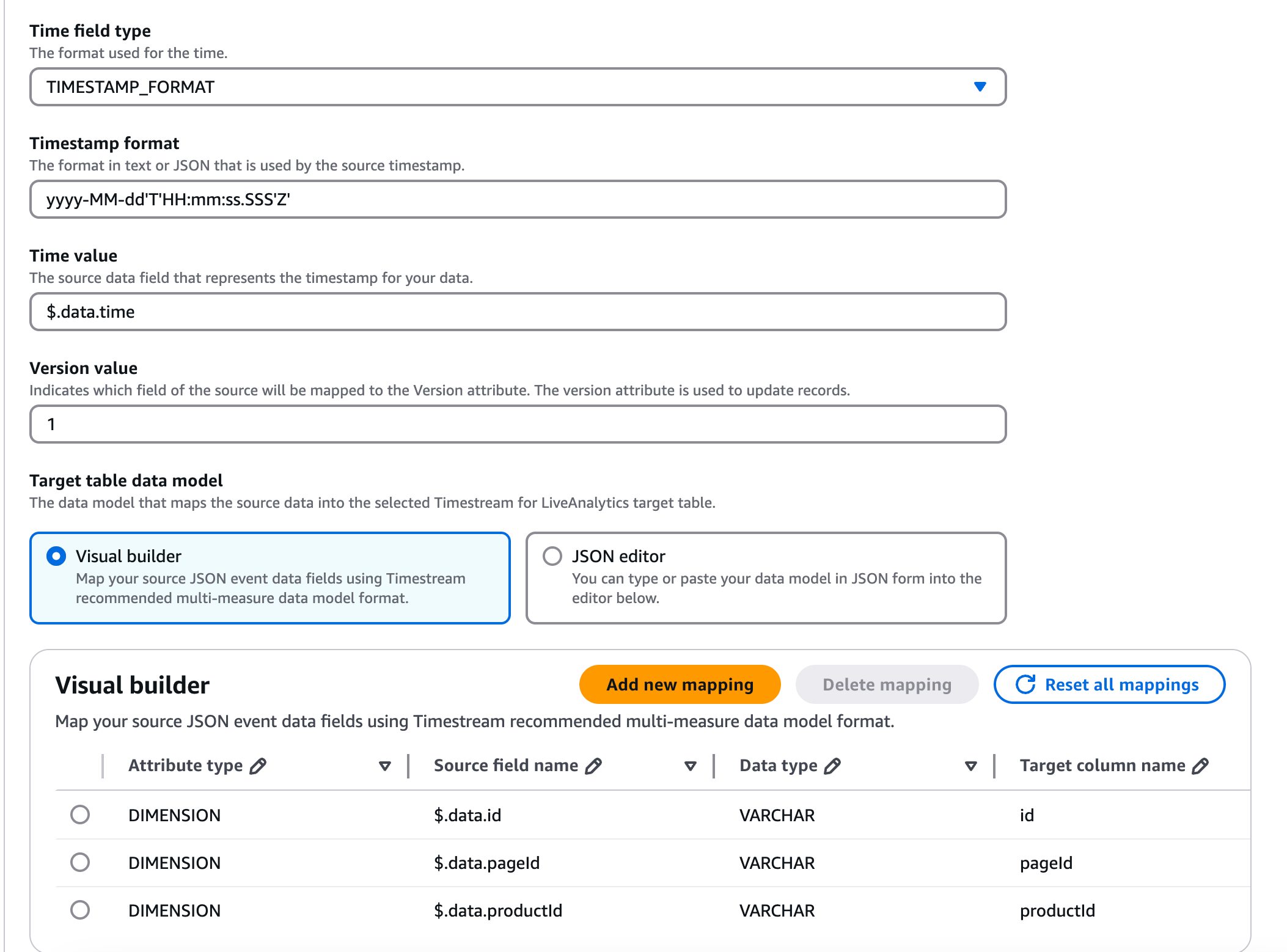 Configuring table data model from the console