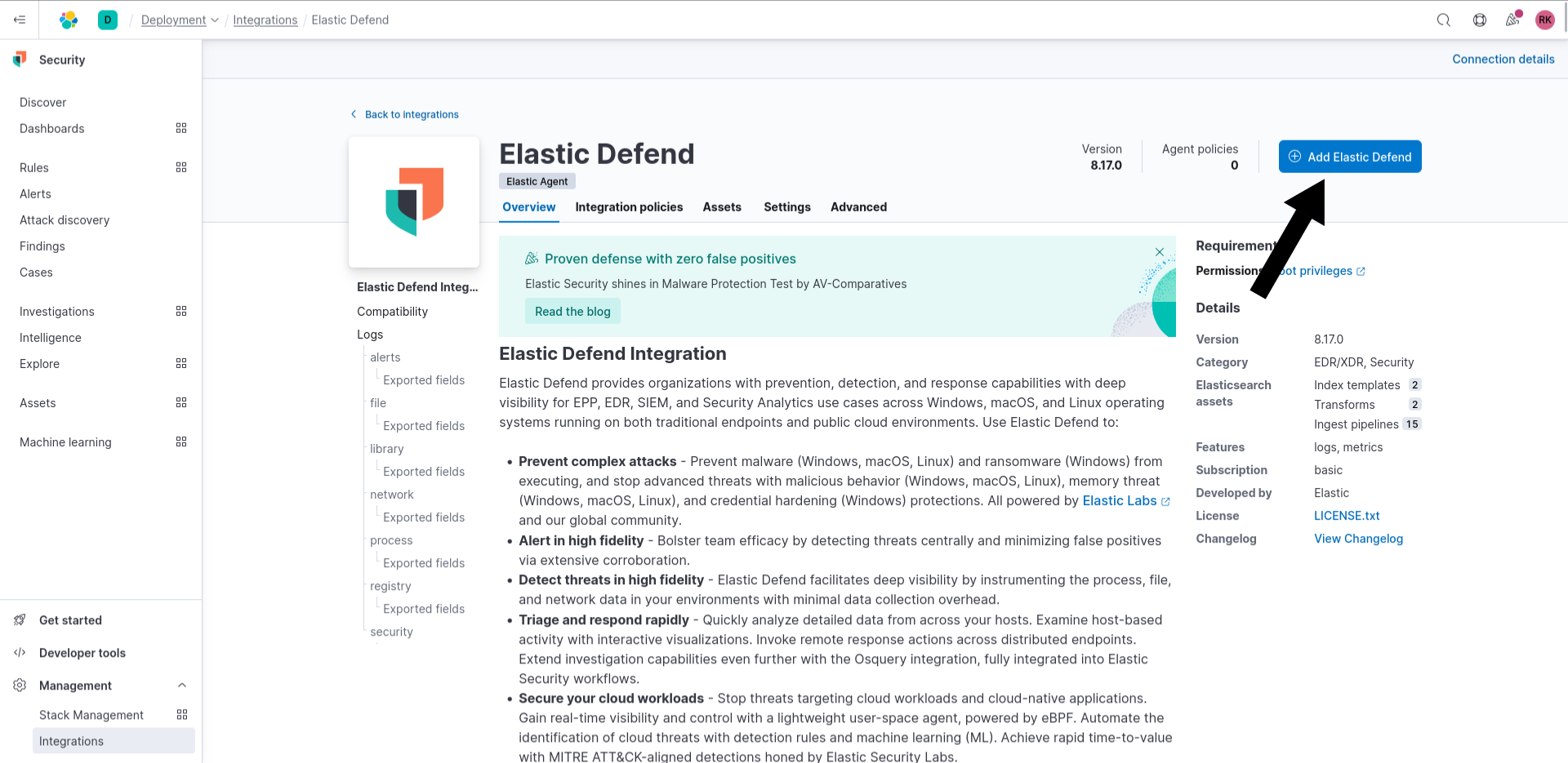 Add Elastic Defend
