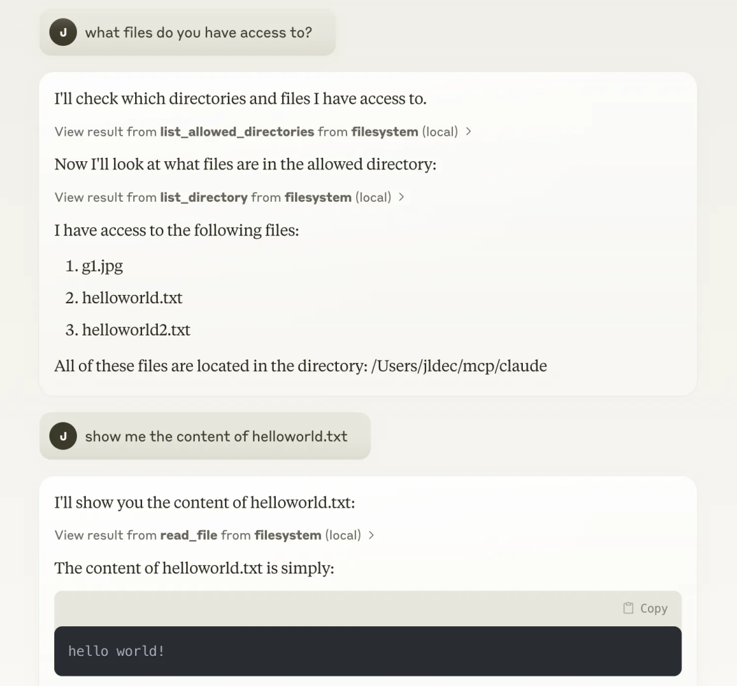 Screenshot of MCP connecting to the local filesystem