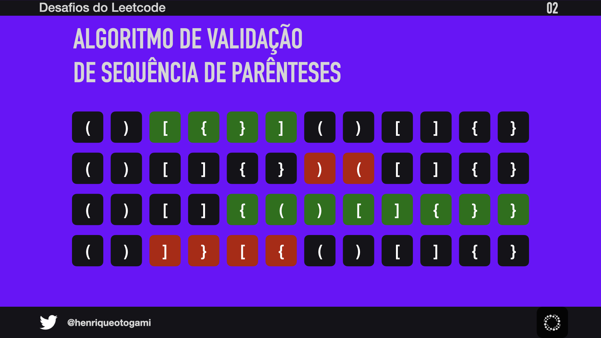 Slide 02 - Exemplos de sequências válidas (em verde) e inválidas (em vermelho) de parênteses
