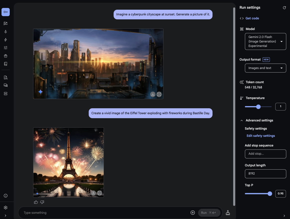 A screenshot of the Google AI Studio chat interface. Two text prompts are visible: 