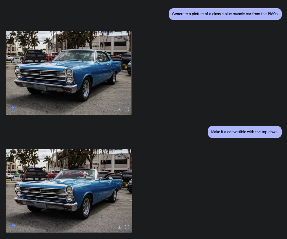 A sequence of three screenshots of the Google AI Studio chat interface, demonstrating conversational image editing. Top: The user's prompt 