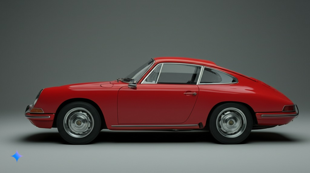 A photorealistic image of a classic red sports car from a standard side view with plain background