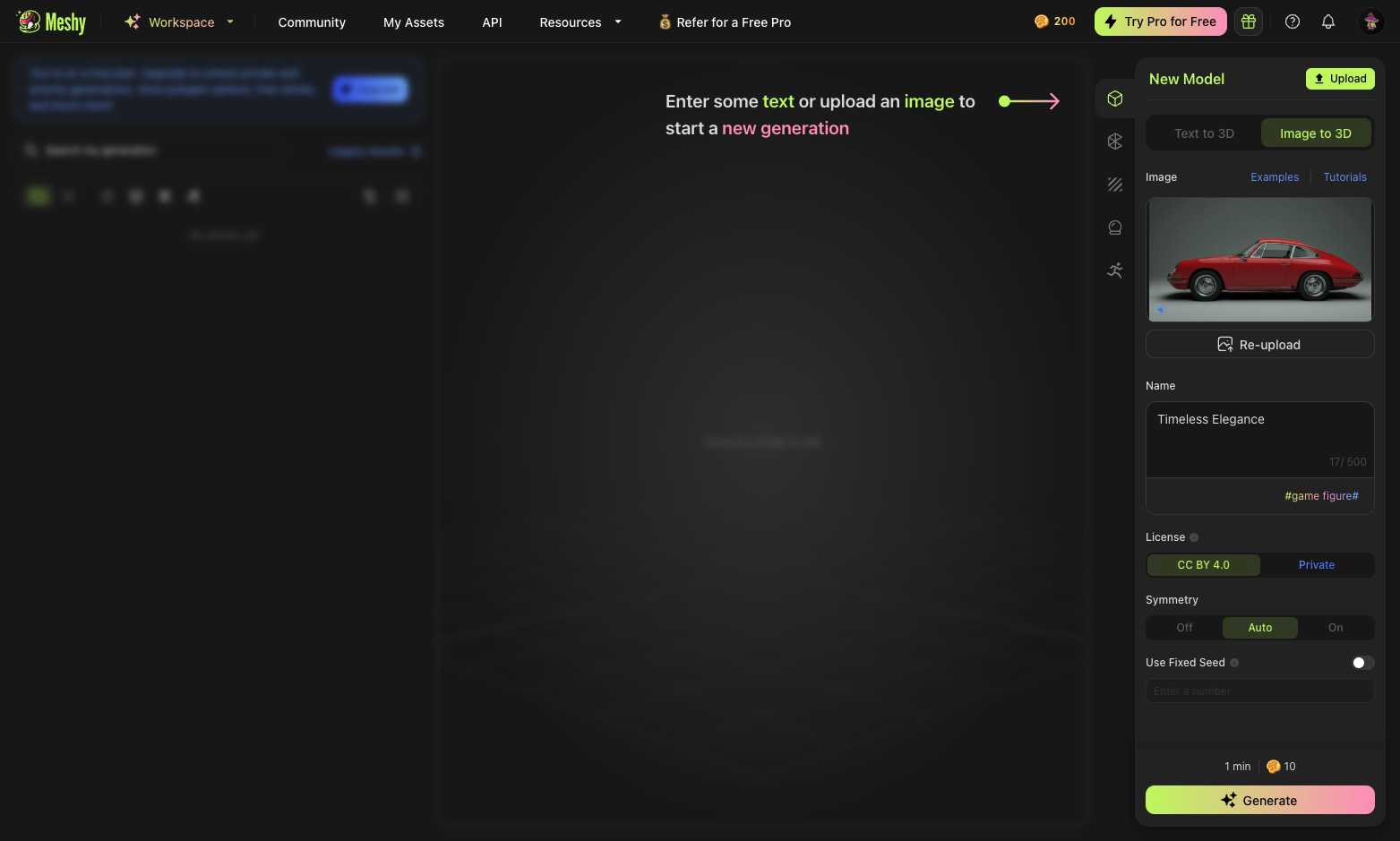 A screenshot of the Meshy AI website interface. The user is on the 