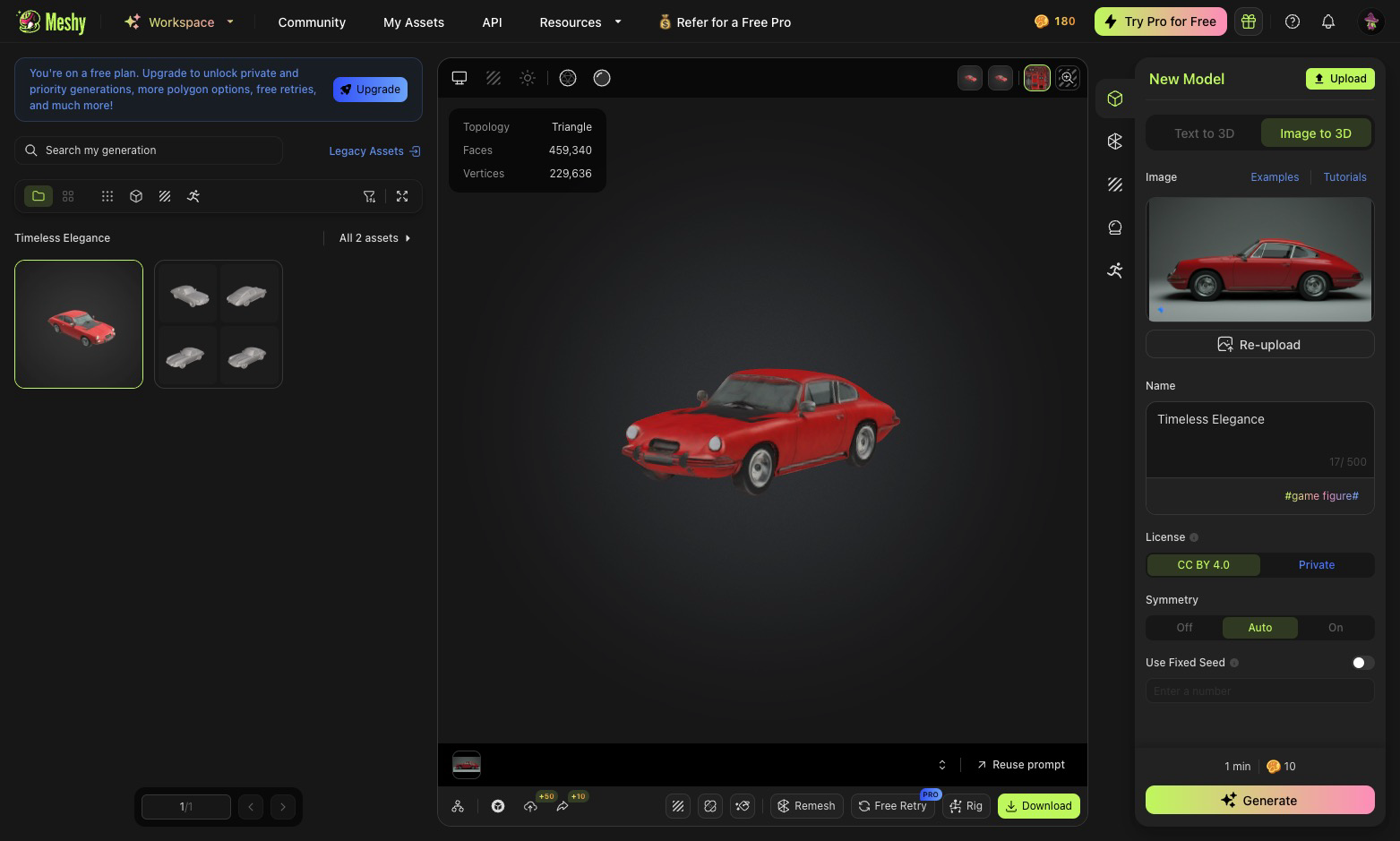 A screenshot of the Meshy AI website interface showing the result of the 2D-to-3D conversion. A 3D model of the red classic sports car is displayed in the center, with controls for rotating and viewing it from different angles. Information about the model's topology (Triangles, Faces, Vertices) is visible on the left sidebar.
