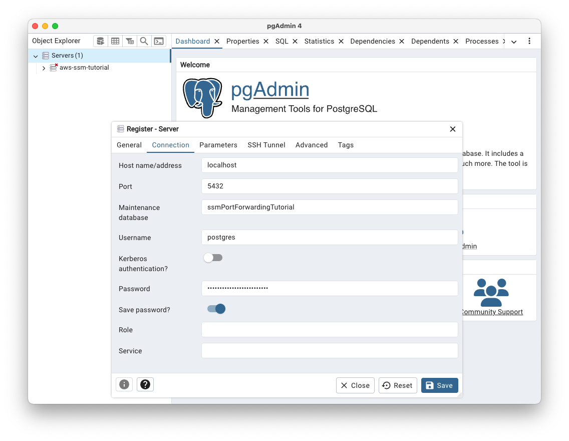 pgAdmin New Server Registration