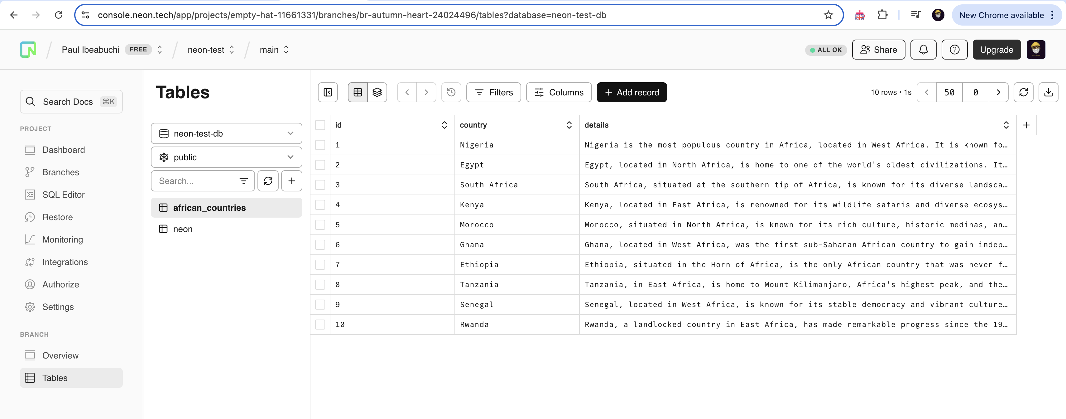Neon Database