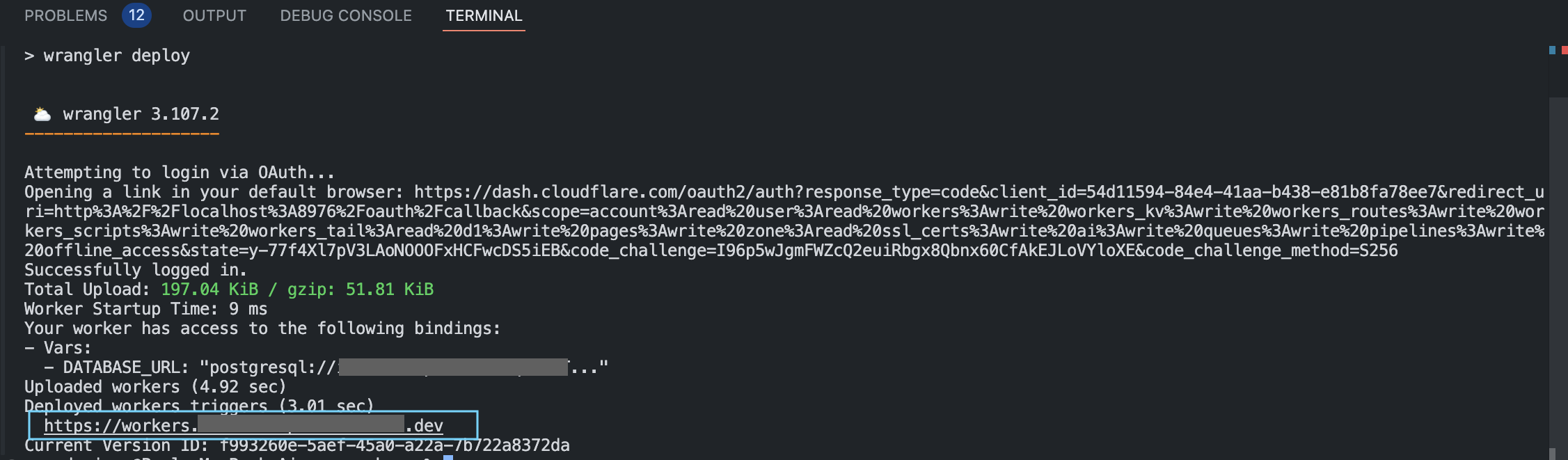 Terminal showing deployed Cloudflare Workers URL