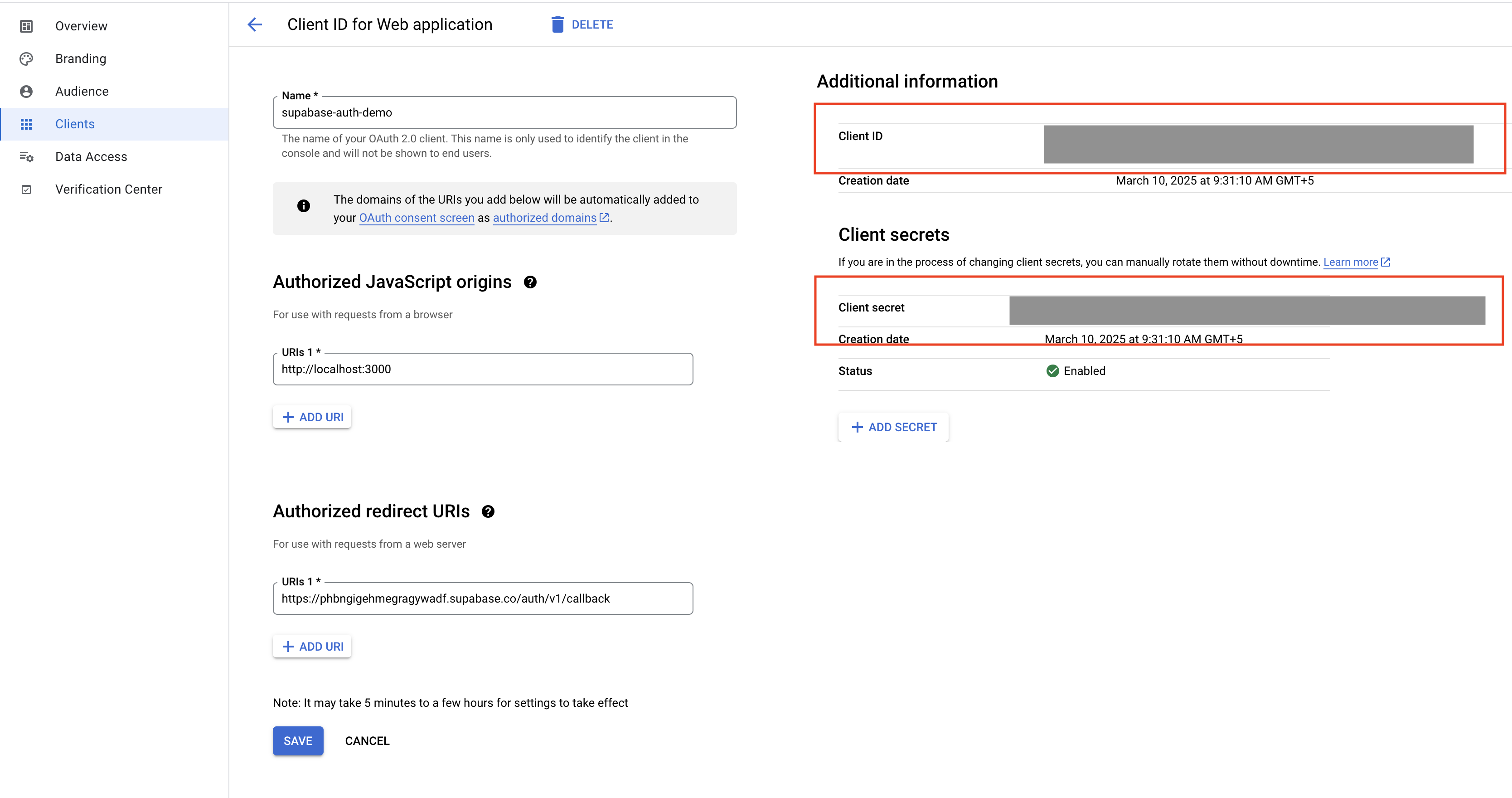 Add client ID and secret to GCP project