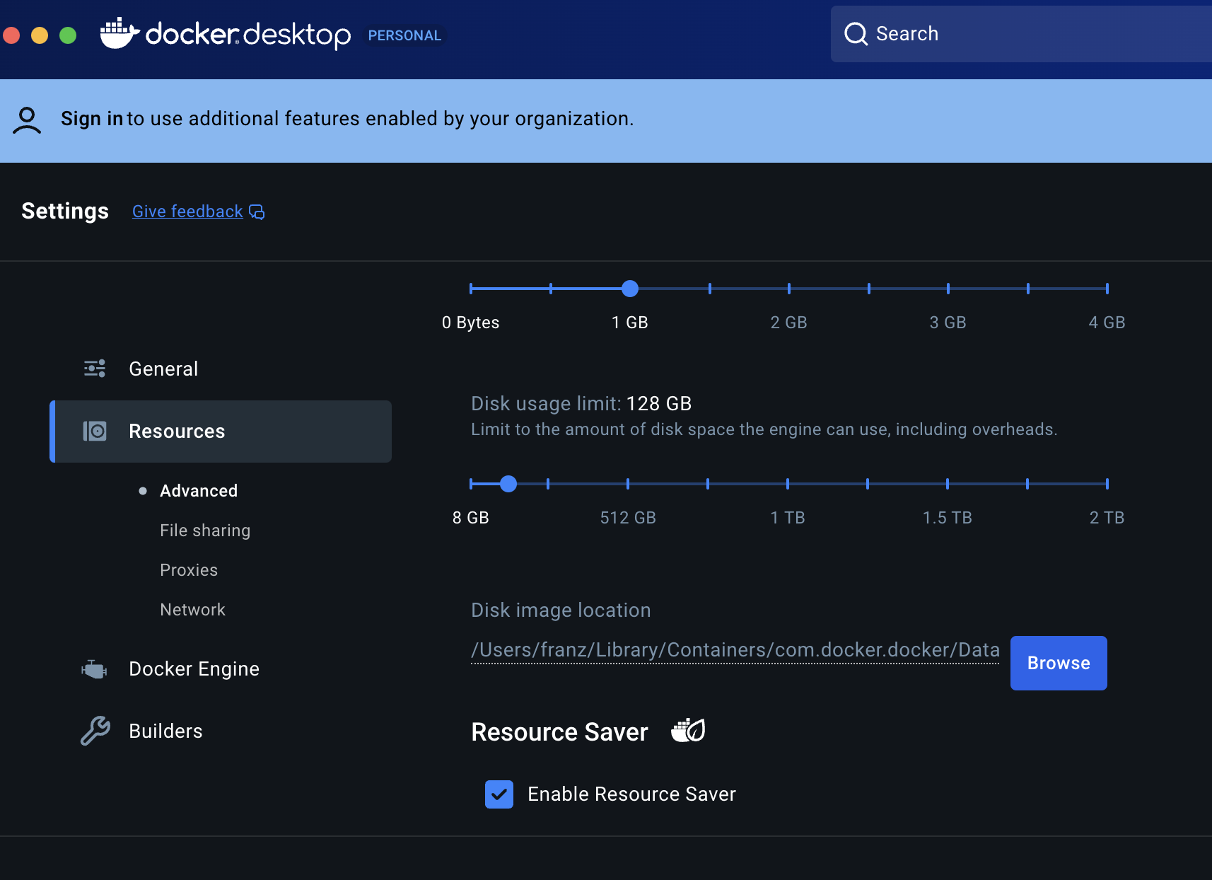 Docker desktop settings