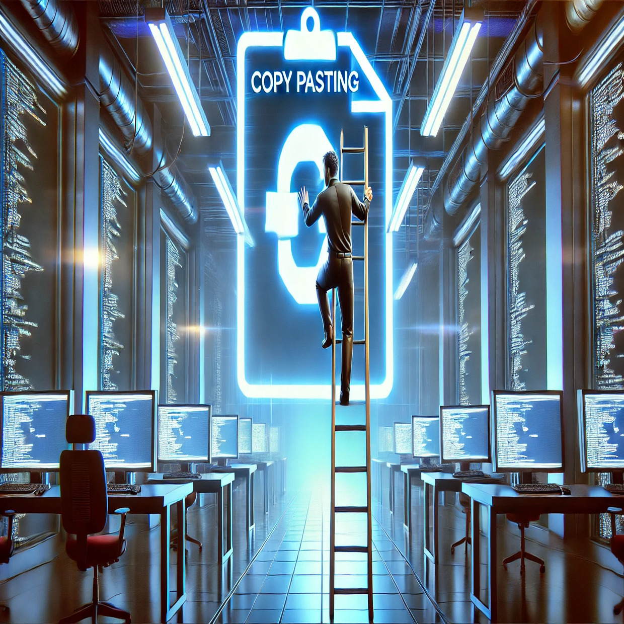 Man copy pasting on a ladder