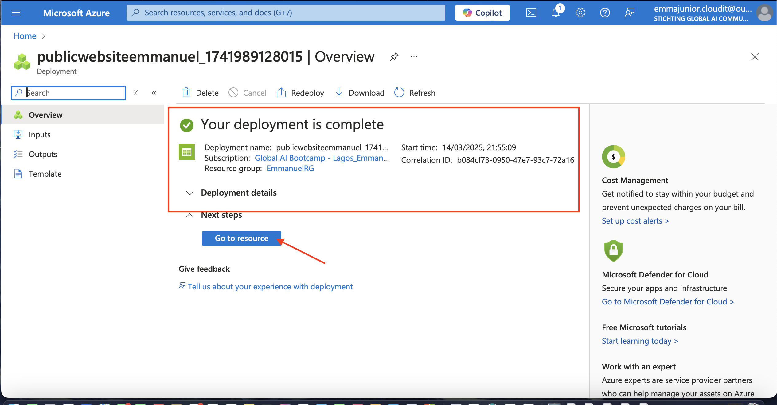 Complete deployment+Go to resource