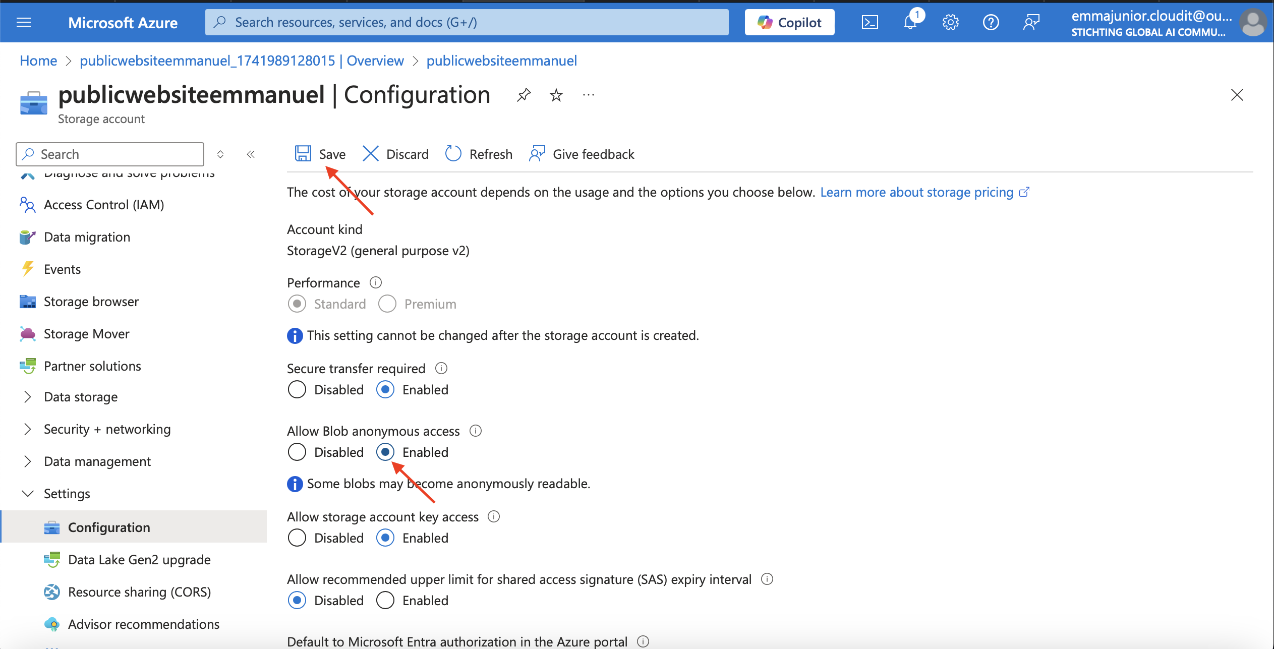 Enabling Allow blob anonymous access