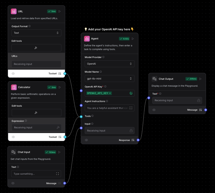 A sample flow created by selecting the “Simple Agent” template in Langflow.