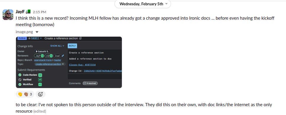Slack message by my mentor about my first PR