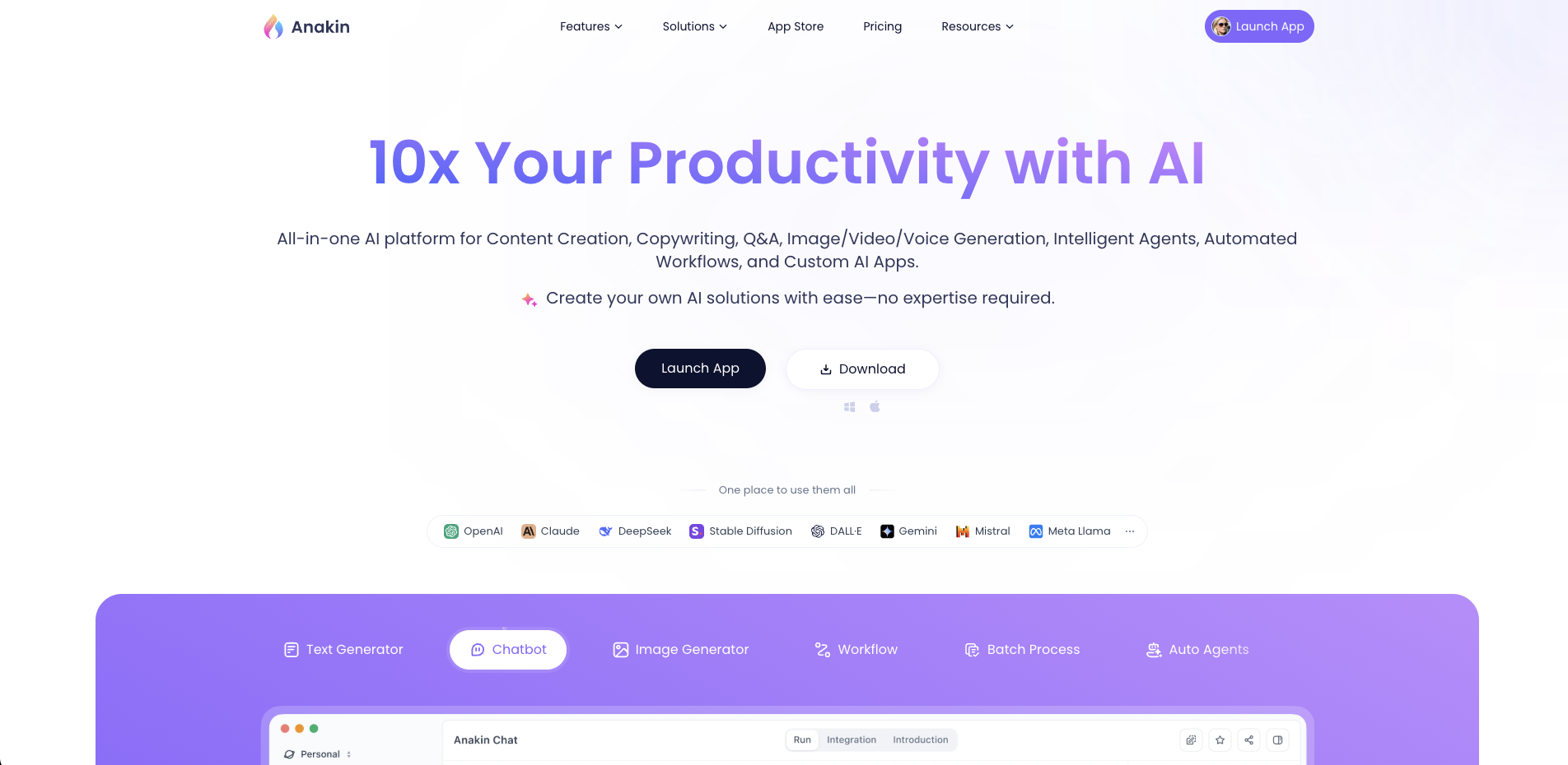 An AI-powered automation platform banner for Anakin, showcasing the tagline “10x Your Productivity with AI.” This AI workflow automation tool integrates content creation, intelligent agents, and automated workflows in a single platforms