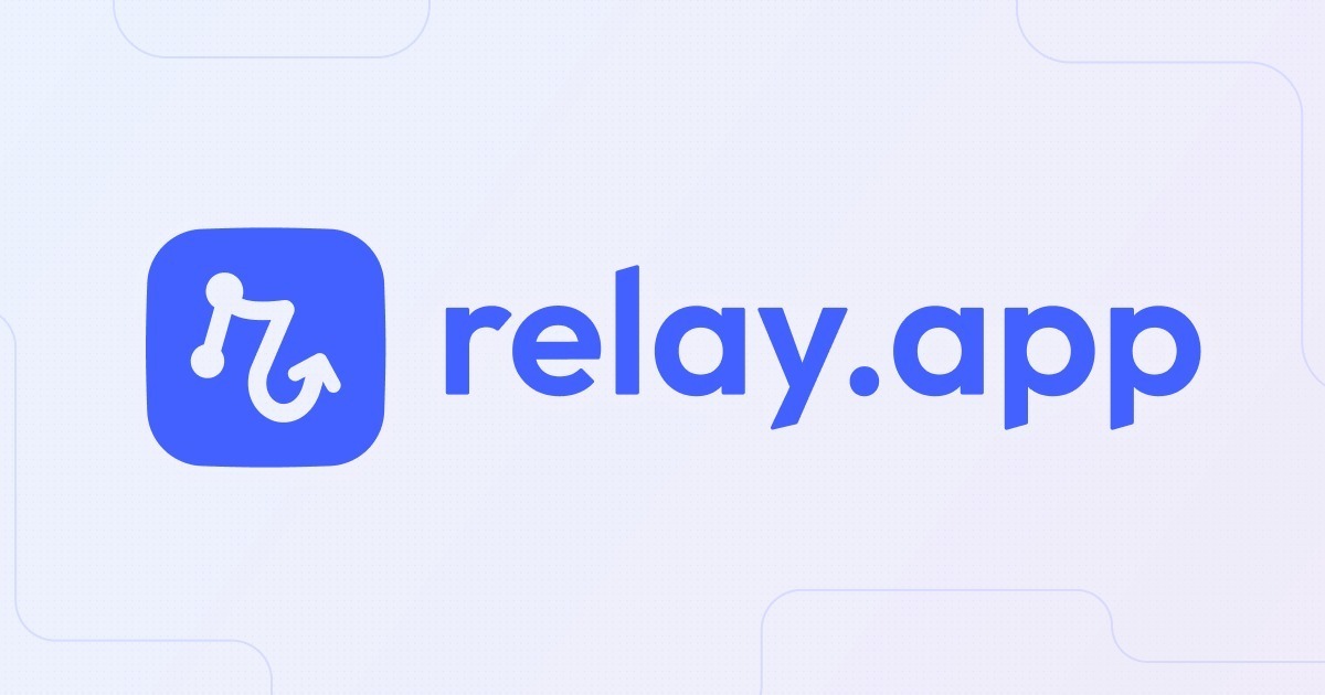 The Relay.app logo, featuring a blue rounded square icon with a curved arrow symbol, representing an innovative AI workflow automation tool designed for streamlining tasks and improving team collaboration