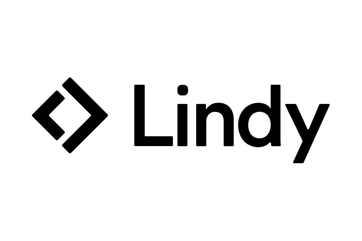 The Lindy AI logo, with a geometric black design resembling a code bracket and the word “Lindy,” representing an advanced AI workflow automation platform for automating business processes and decision-making