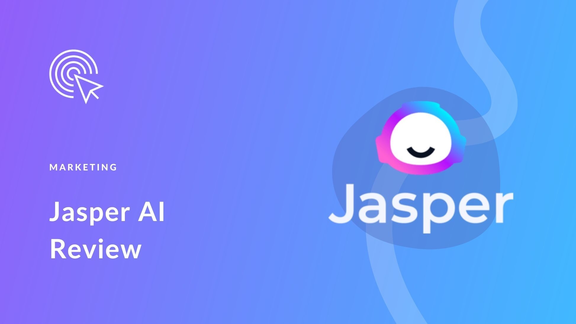 A purple gradient banner featuring the Jasper AI logo, a smiling AI face, and the text “Jasper AI Review,” promoting an AI-powered workflow automation tool for content creation and marketing automation