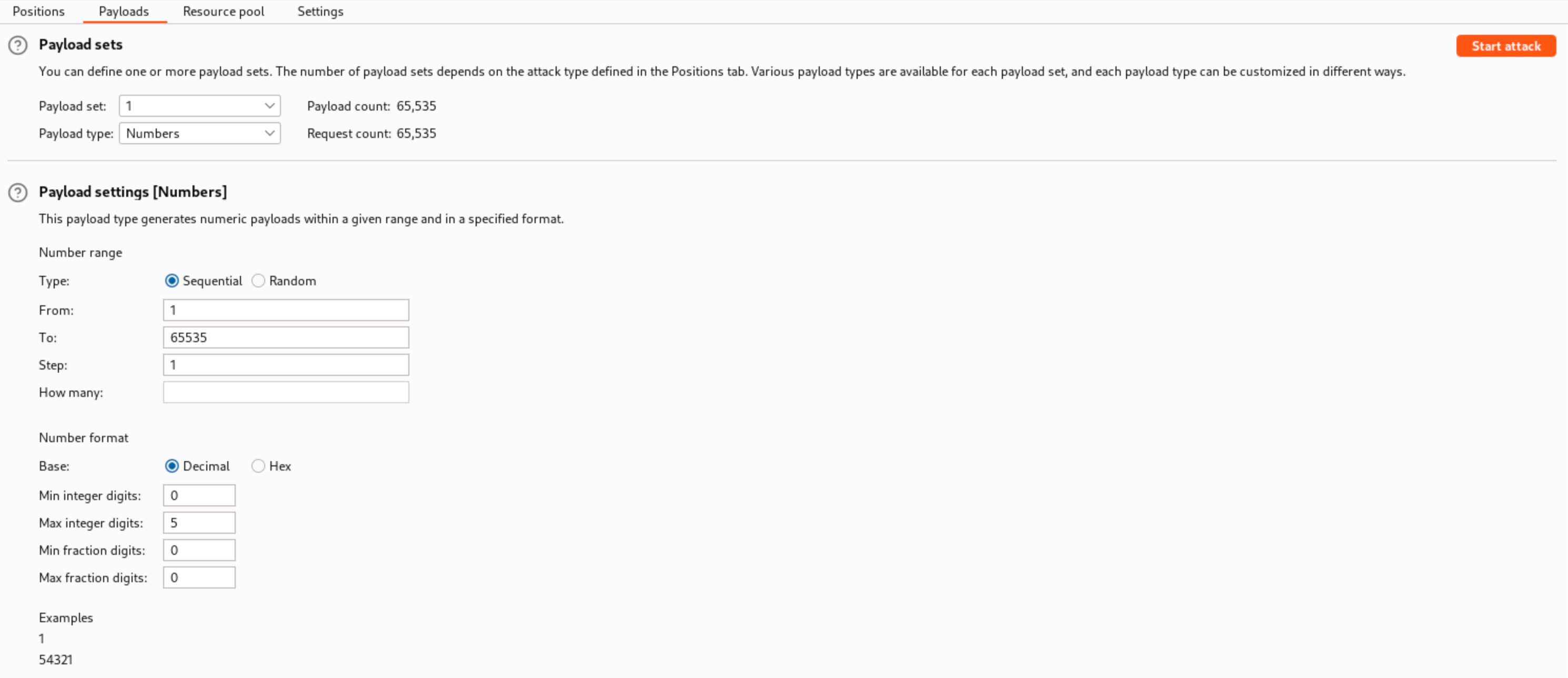 Payloads tab with the right settings