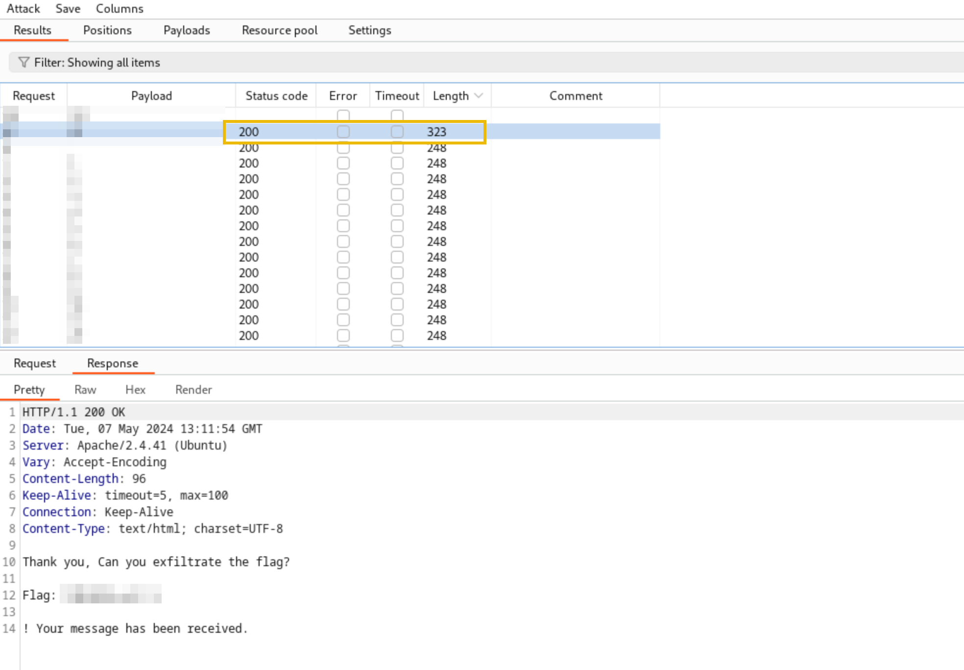 Successful attack showing the data