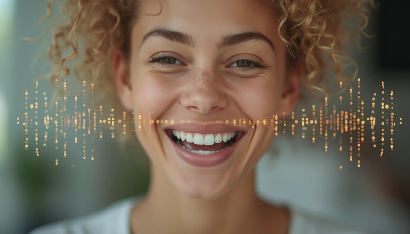 A close-up portrait of a smiling person talking naturally, with subtle sound wave graphics gently blending around their mouth, symbolizing natural speech flow.