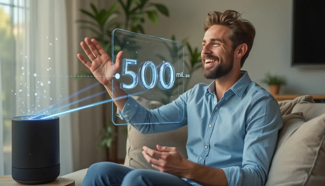 A dynamic image of a person interacting effortlessly with a smart speaker or virtual assistant, with visual indicators (like clock icons or milliseconds) highlighting instant response and low latency.
