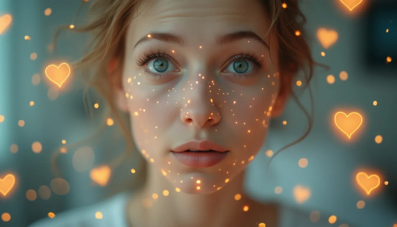 An expressive face showing clear emotional reactions (happy, empathetic, thoughtful), with subtle AI-generated emotion recognition icons or graphics around the face.