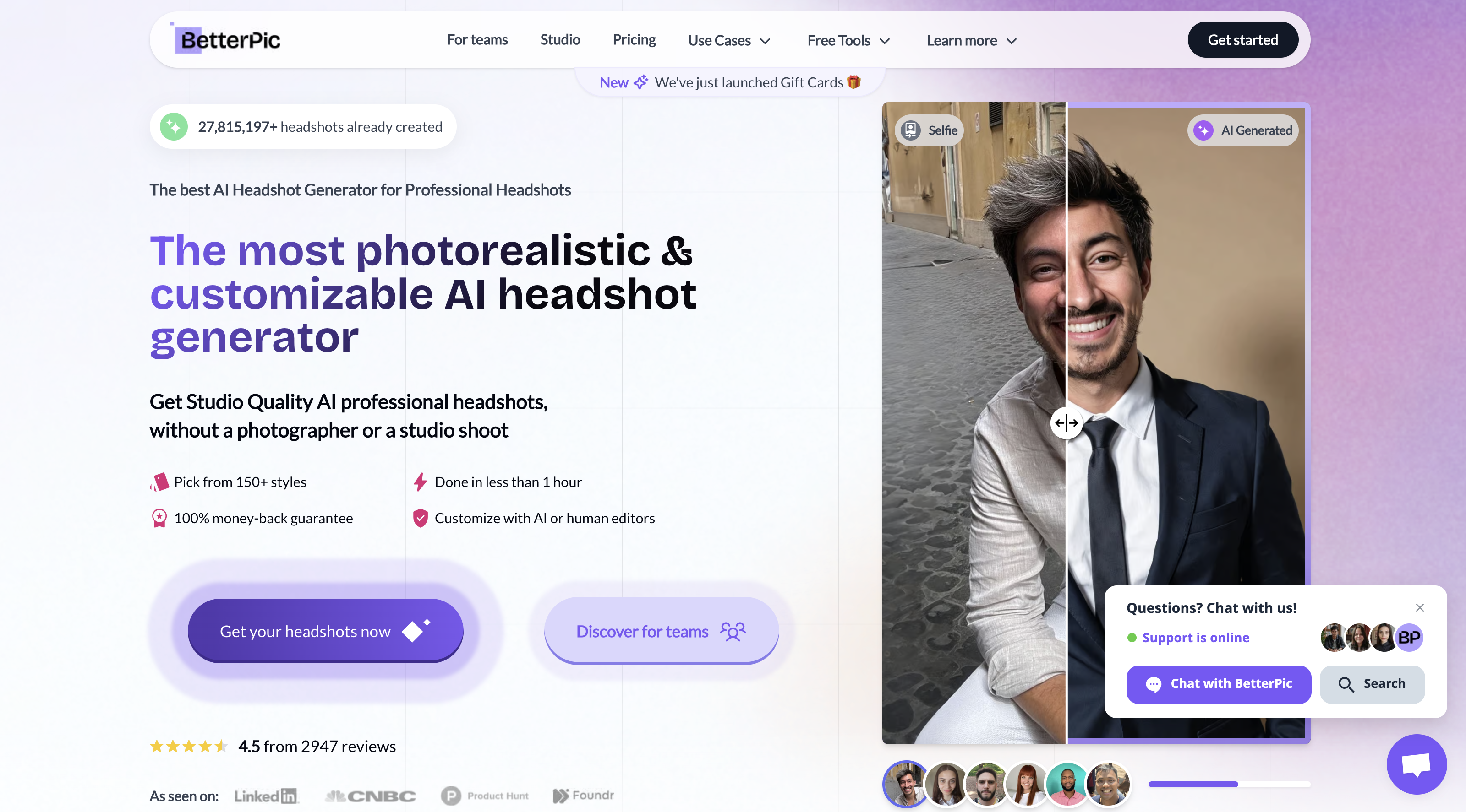 BetterPic AI headshot generator homepage