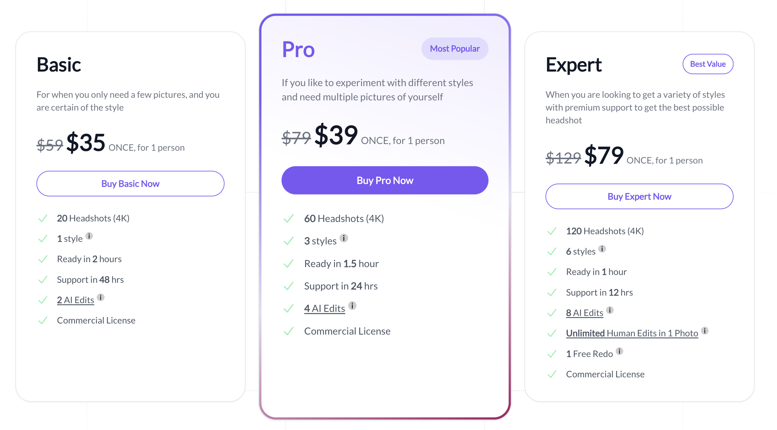 Pricing table